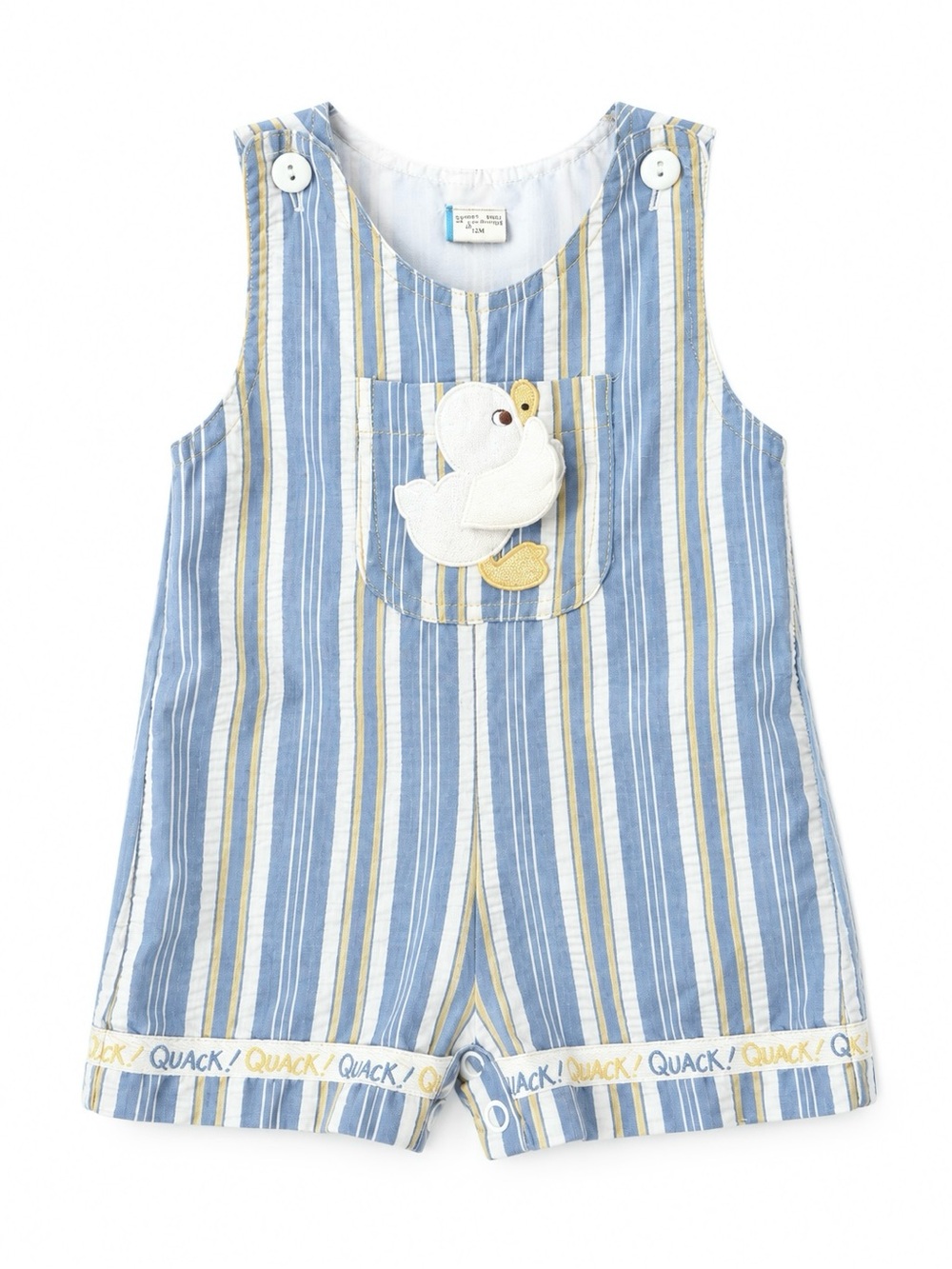 Vintage 1997 Baby Duck Romper Blue Yellow Striped Shortall 12M 90s